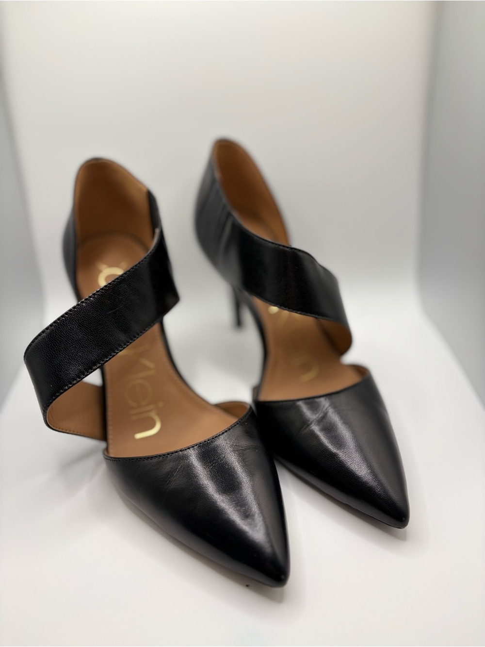 Calvin Klein Black Leather Pointed-Toe Wrap-Strap Heels